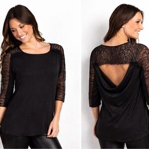 BCBGMaxAzria Addy Black Lace Sleeve Open Cowl Back Top | Size Small